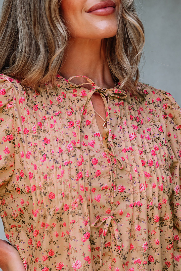 Floral Print Bow Pintuck Bust Half Puff Sleeve Blouse Top