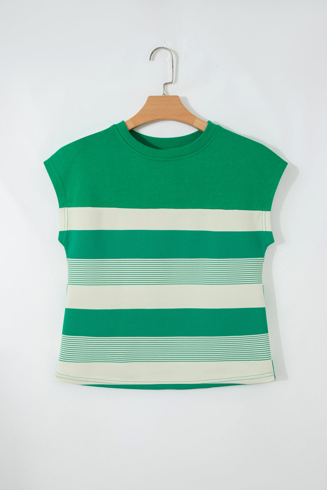 Classic Green Stripe Mixed Print Crew Neck Cap Sleeve T Shirt