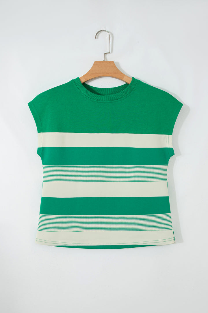 Classic Green Stripe Mixed Print Crew Neck Cap Sleeve T Shirt