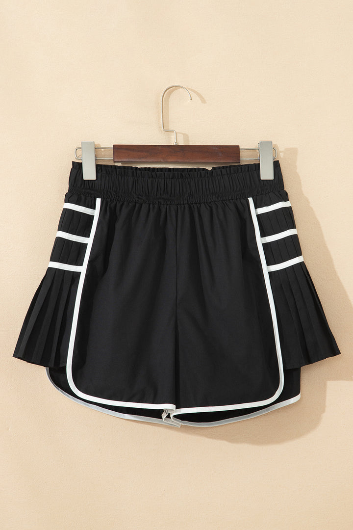 Black Contrast Trim Pleated Casual Active Shorts
