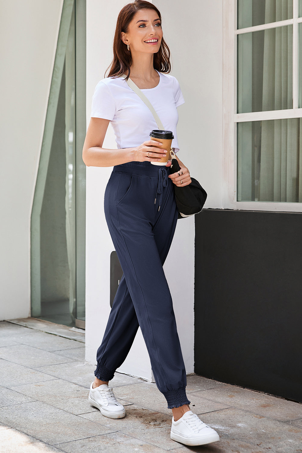 Navy Blue Drawstring Elastic Waist Smocked Jogger Pants