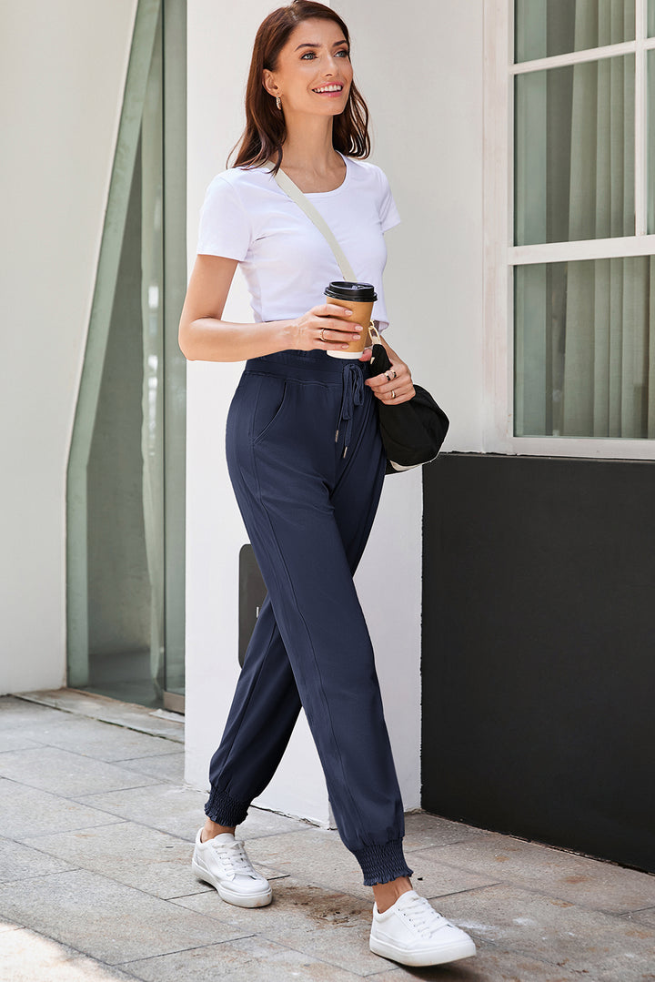 Navy Blue Drawstring Elastic Waist Smocked Jogger Pants