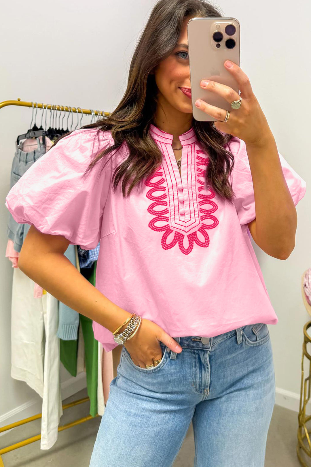 Cute Pink Boho Embroidered Detail Puff Sleeve Cotton Blouse