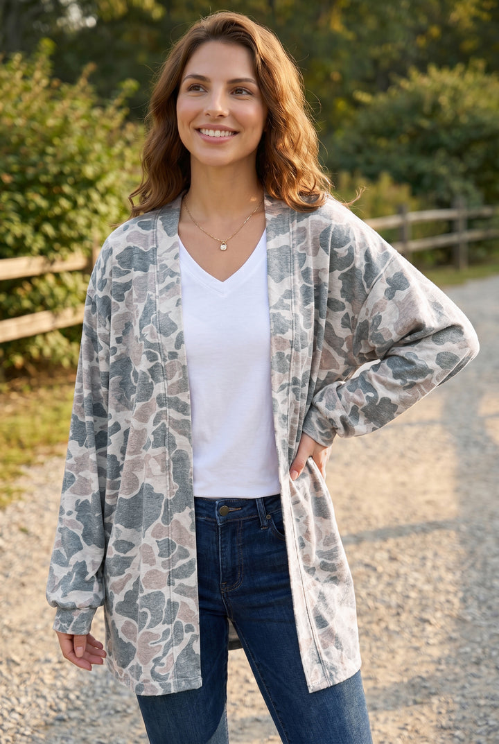 Camouflage Print Long Sleeve Open Front Tunic Cardigan