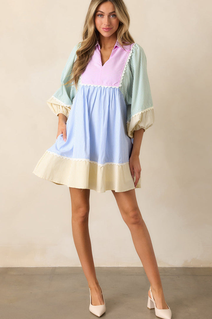 striped patchwork ric rac puff sleeve collared mini dress