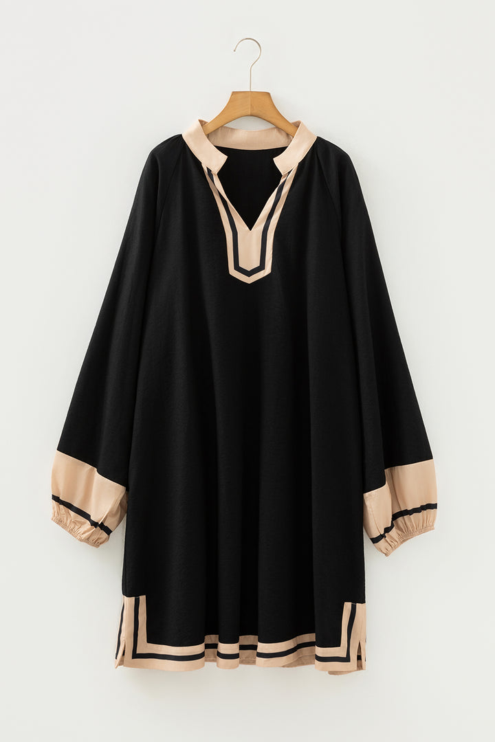 Black Plus Size Color Block Striped Trim V Neck Long Sleeve Shift Mini Dress