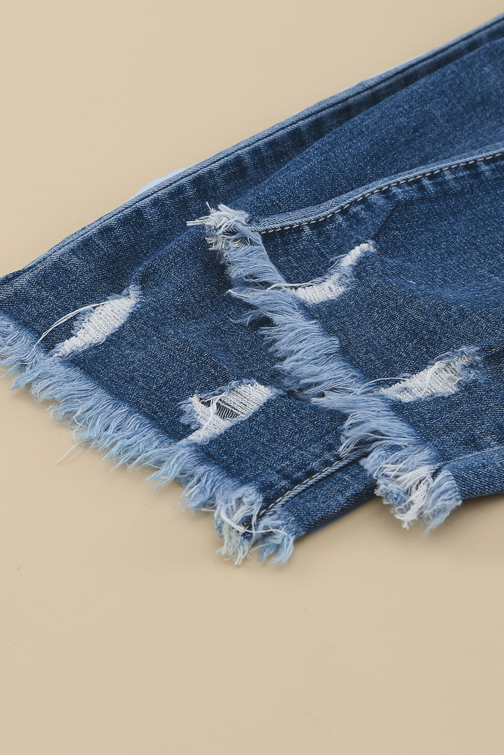 Dark Blue Elastic Waist Straight Leg Destroyed Raw Hem Jeans