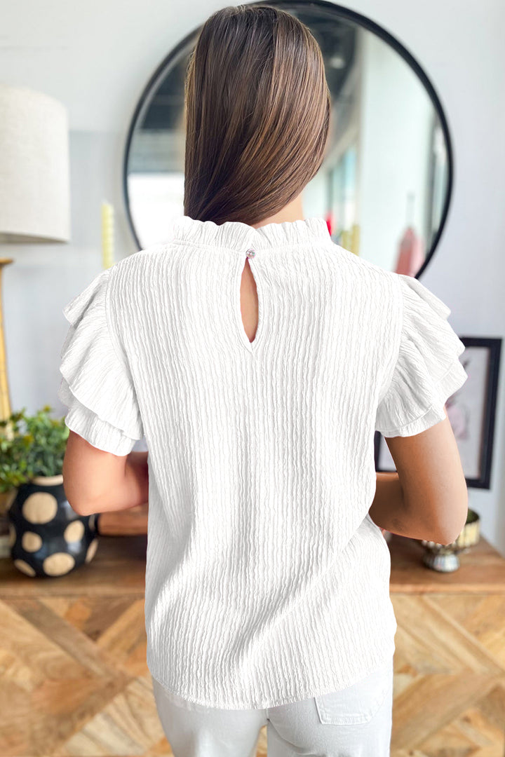 White Textured Ruffle Trim Short Sleeve Blouse
