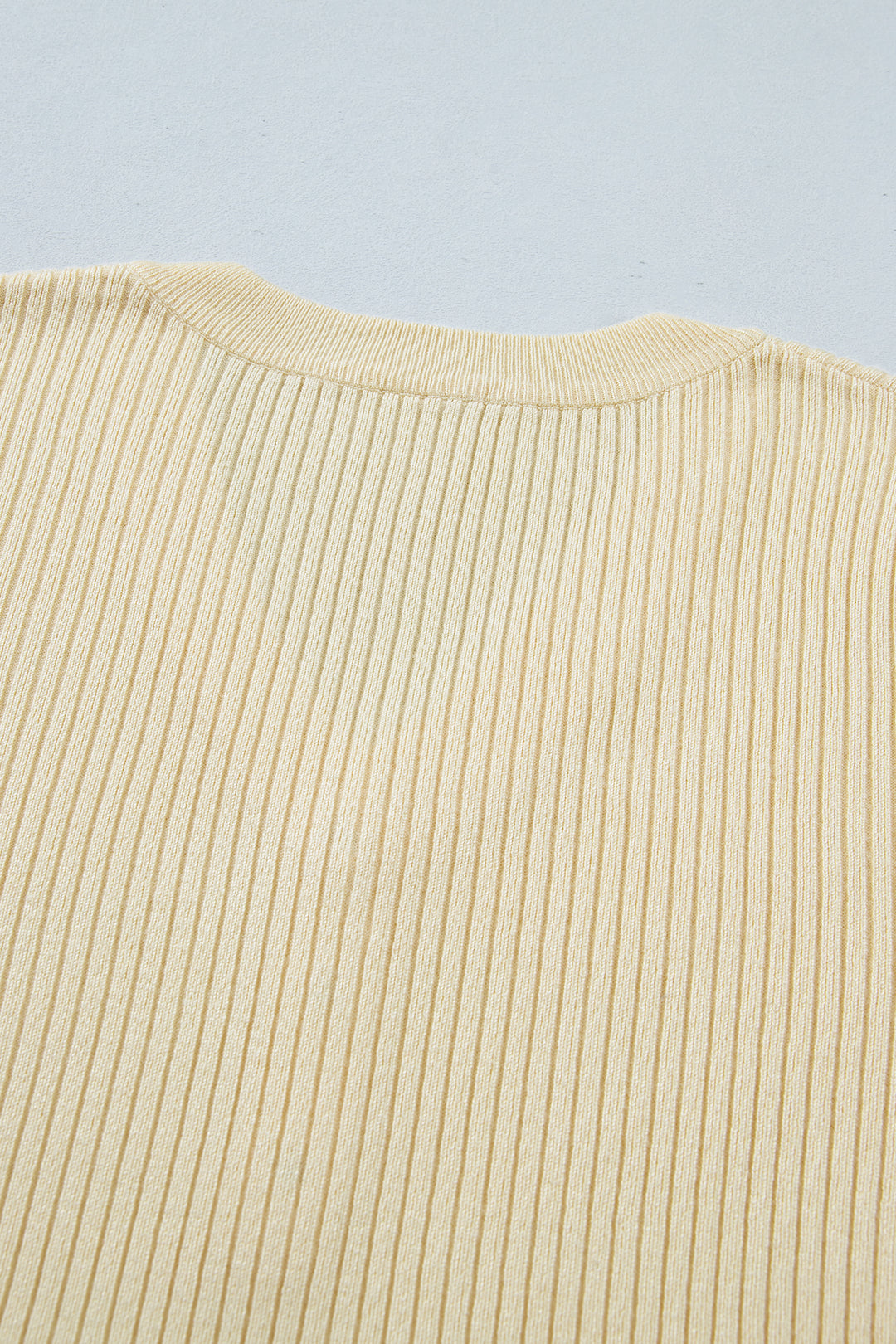 Apricot V Neck Ribbed Knit Striped Trim Short Sleeve Sweater