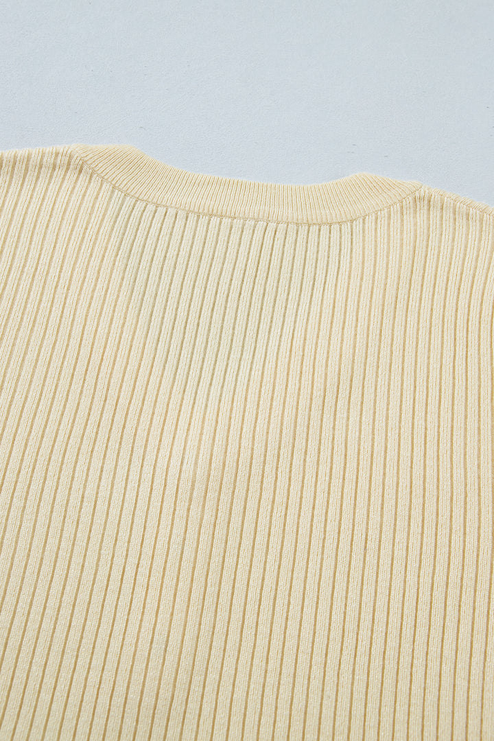Apricot V Neck Ribbed Knit Striped Trim Short Sleeve Sweater