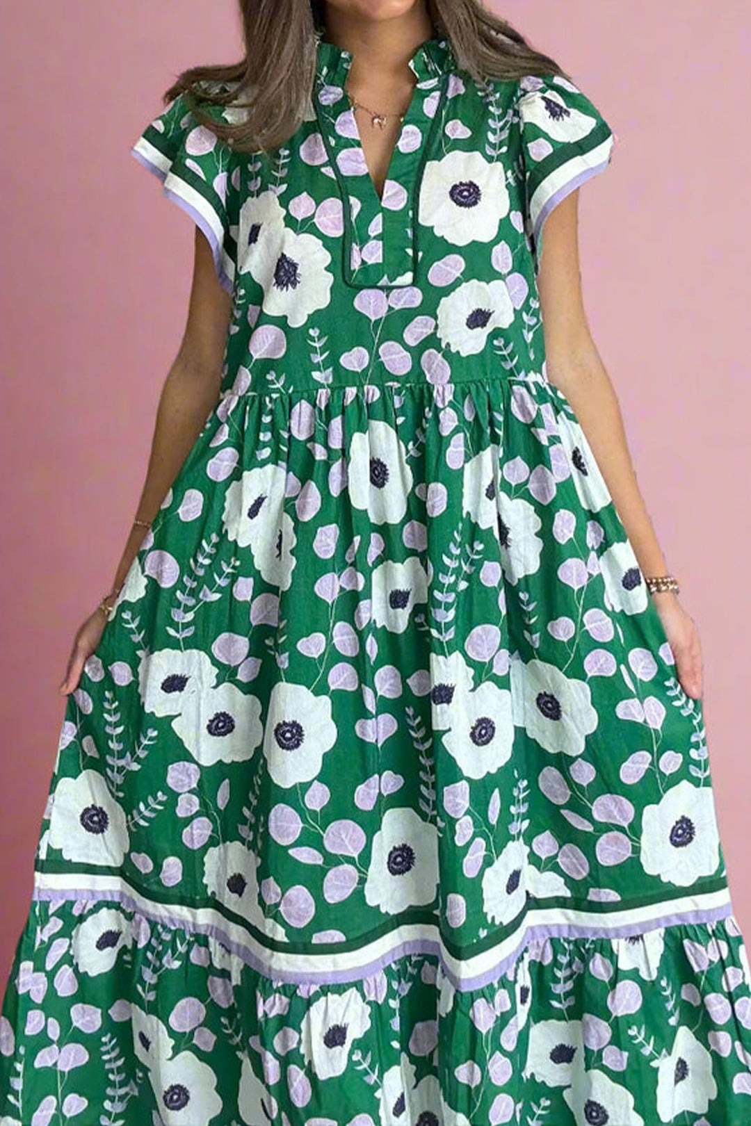 Green V Neck Ruffled Short Sleeve Flower Maxi Dress