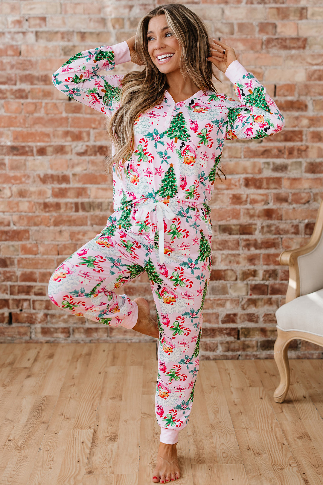 Pink Christmas Pattern Button V Neck Pullover Drawstring Pants 2pcs Lounge Set