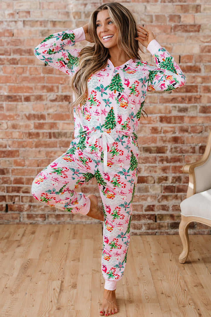 Pink Christmas Pattern Button V Neck Pullover Drawstring Pants 2pcs Lounge Set