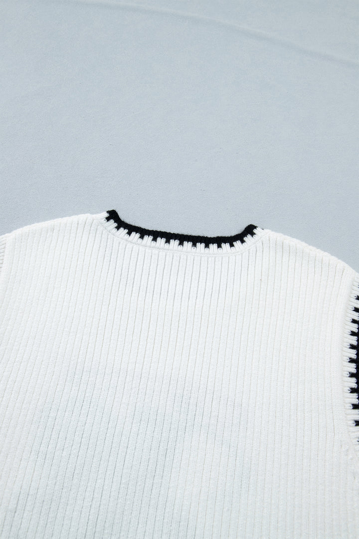 White Contrast Trim Round Neck Rodeo Cowboy Sweater Vest