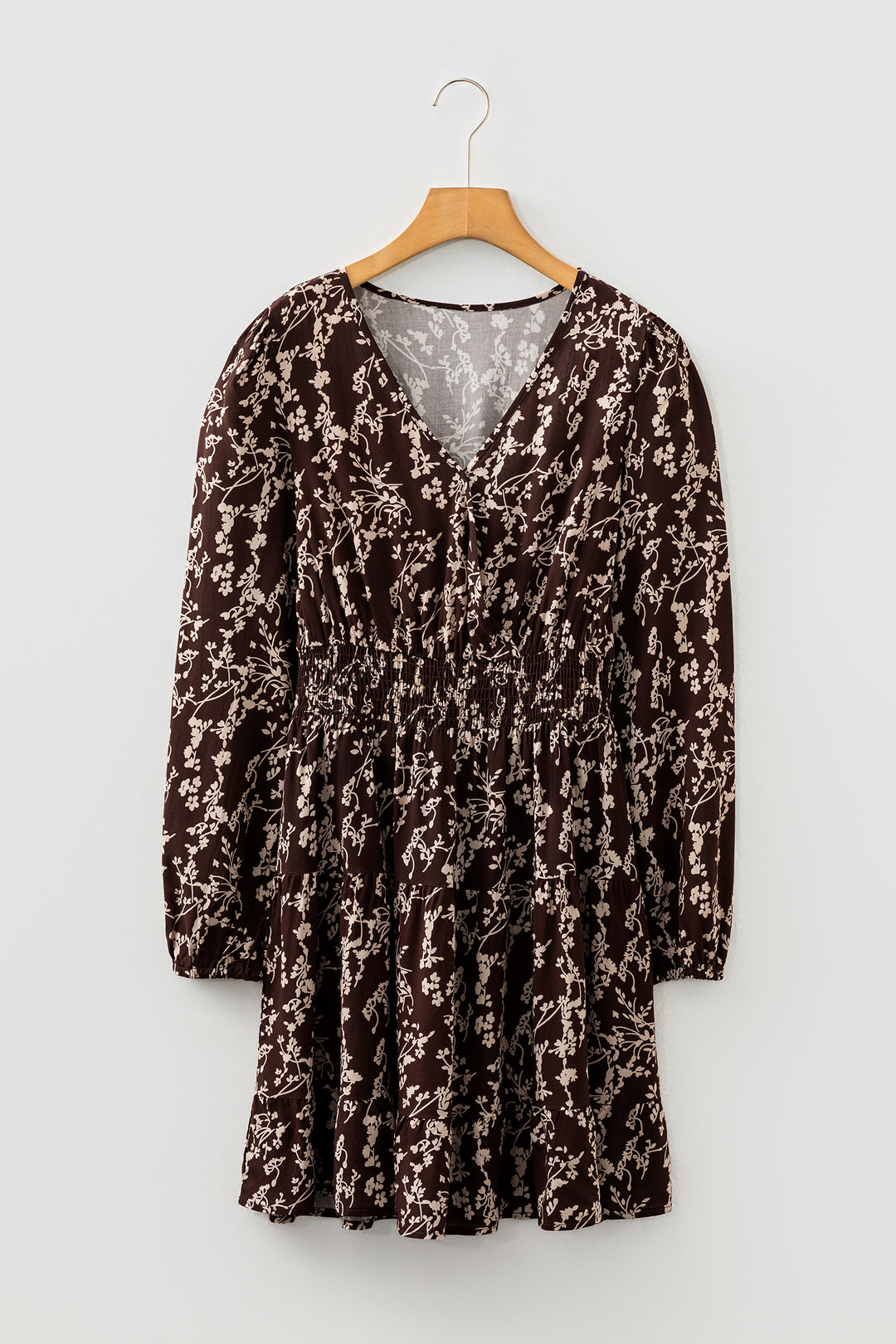 Ditsy Floral Print Split Neck Long Sleeve Shirred Waist Flared Mini Dress
