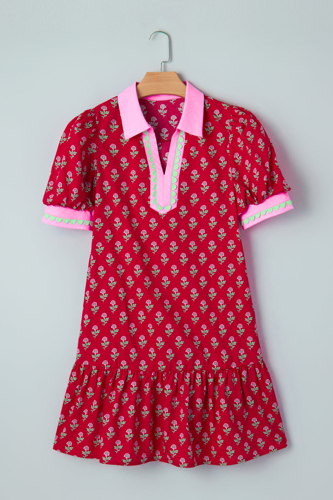 Floral Print Contrasted V Neck Short Bubble Sleeve Mini Dress
