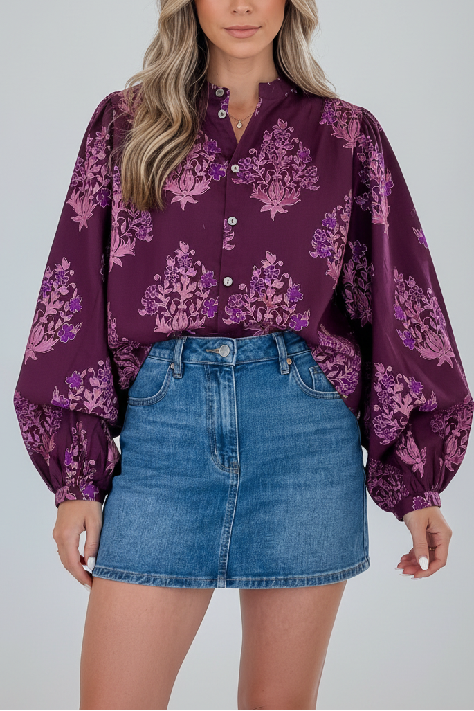 Purple Floral Print Button Front Long Puff Sleeve Shirt