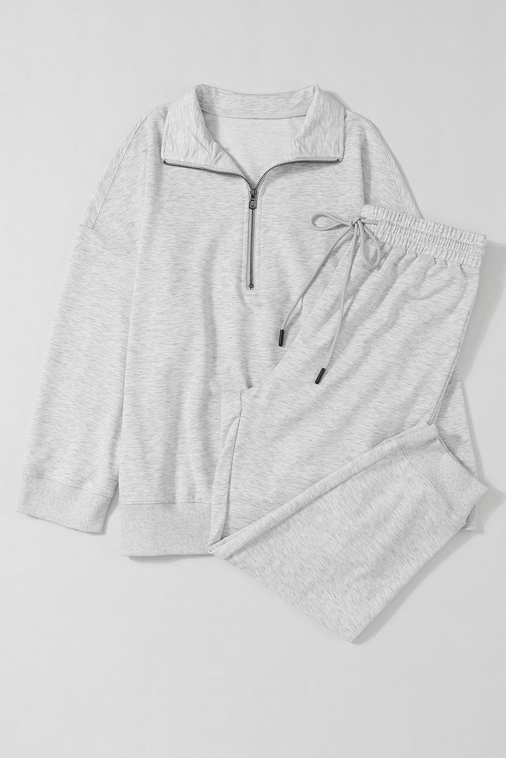 Solid Half Zipped Drawstring High Waist Lounge Set
