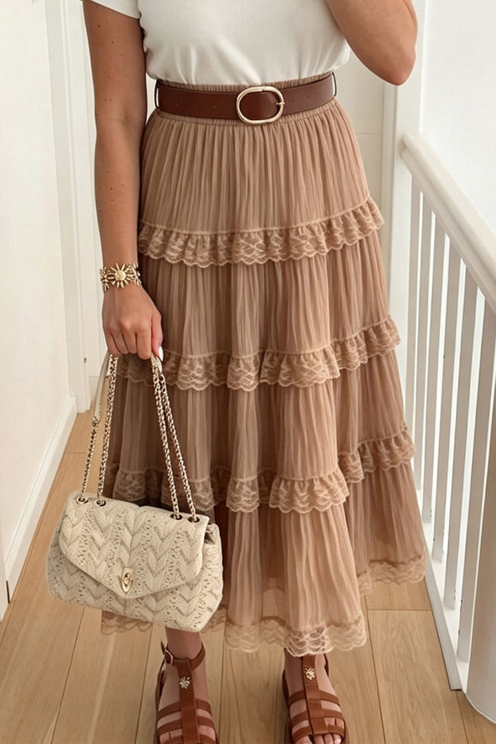 Smoke Gray Pleated Tiered Lace Trim Maxi Skirt