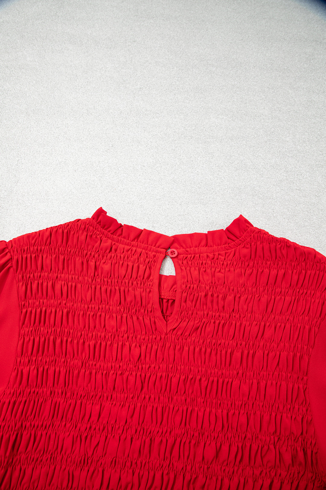 Racing Red Solid Color Smocked Ruffle Hem Long Sleeve Blouse