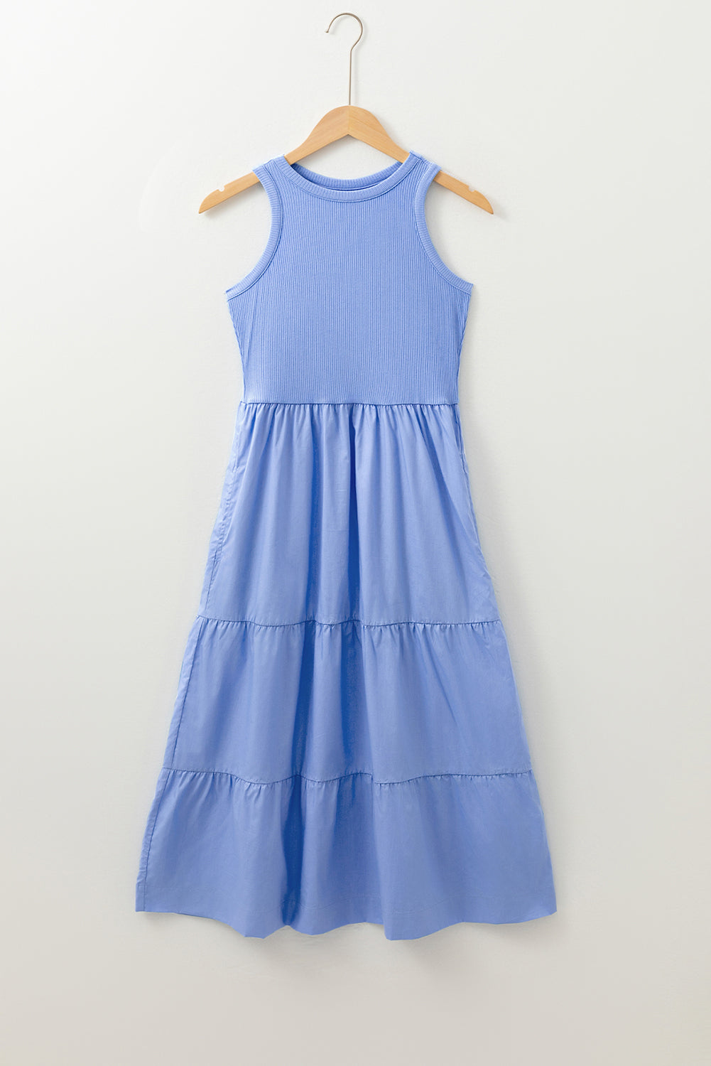 Ribbed Vest Patchwork Tiered Midi Dress with Pockets