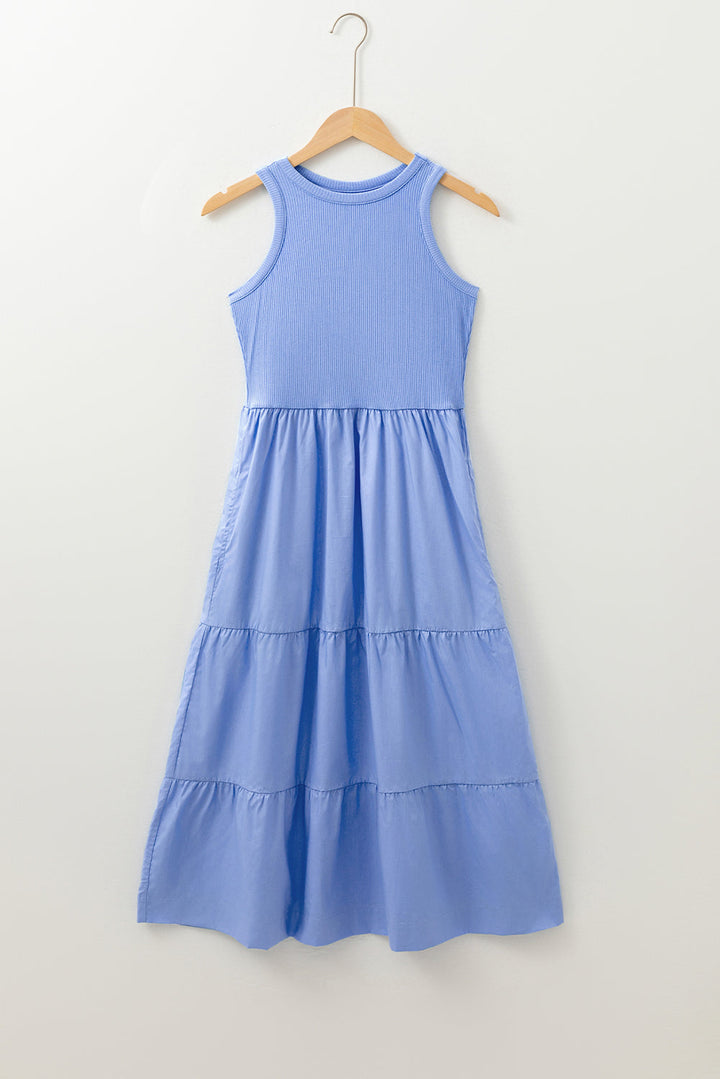 Ribbed Vest Patchwork Tiered Midi Dress with Pockets
