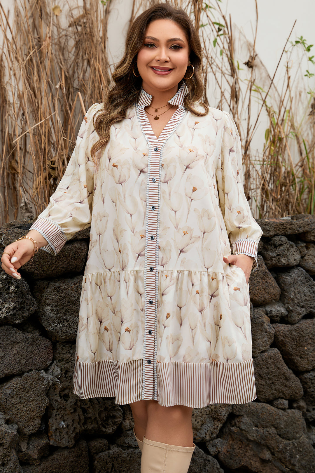 Khaki Plus Size Floral Print Striped Button Down A-line Dress