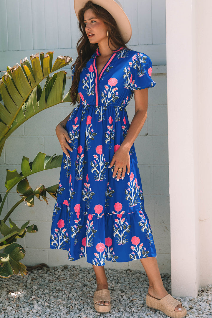 Blue Floral Puff Short Sleeve Maxi Dress