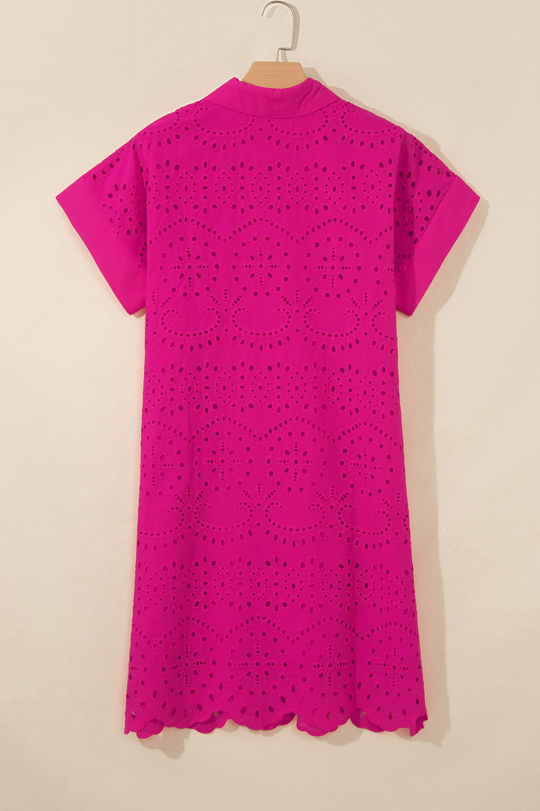 Chic Rose Red Solid Color Eyelet Embroidered Mini Dress