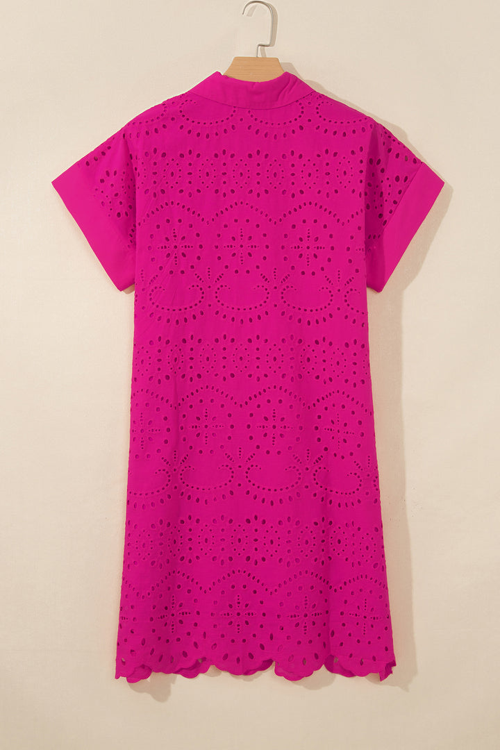 Chic Rose Red Solid Color Eyelet Embroidered Mini Dress