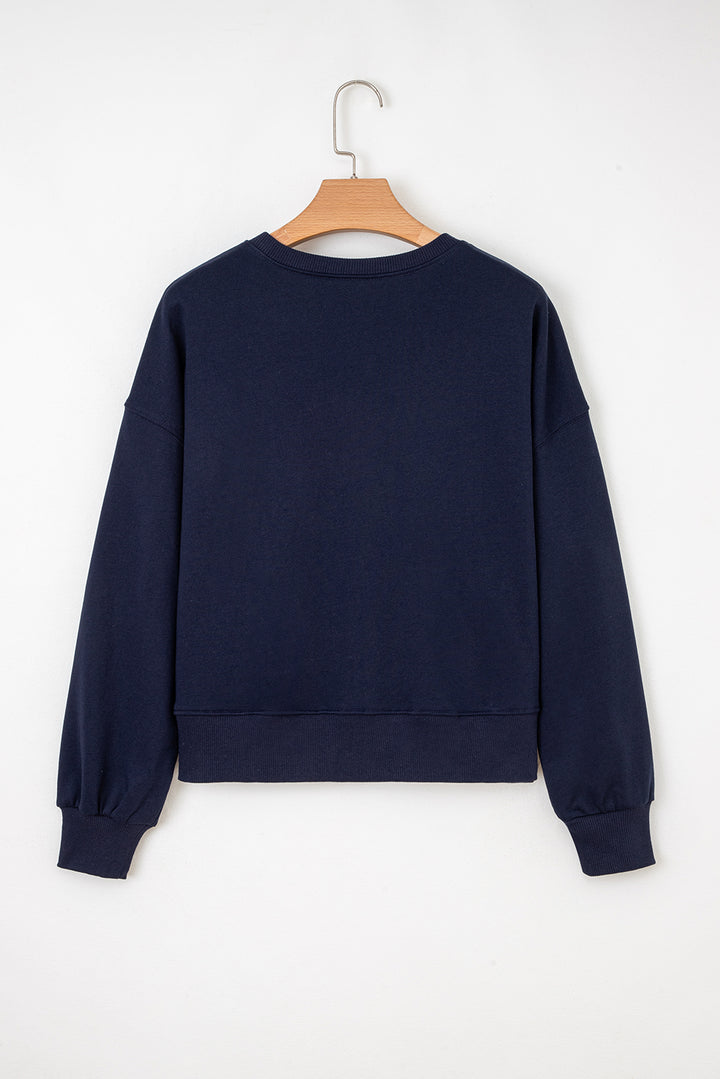 Navy Blue CLASSY UNTIL KICKOFF Plush Letter Patched Loose Sweatshirt