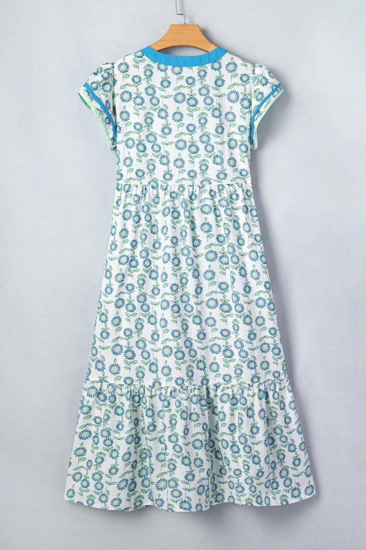 Sky Blue Cute Sunflower Printed Striped Long Dress