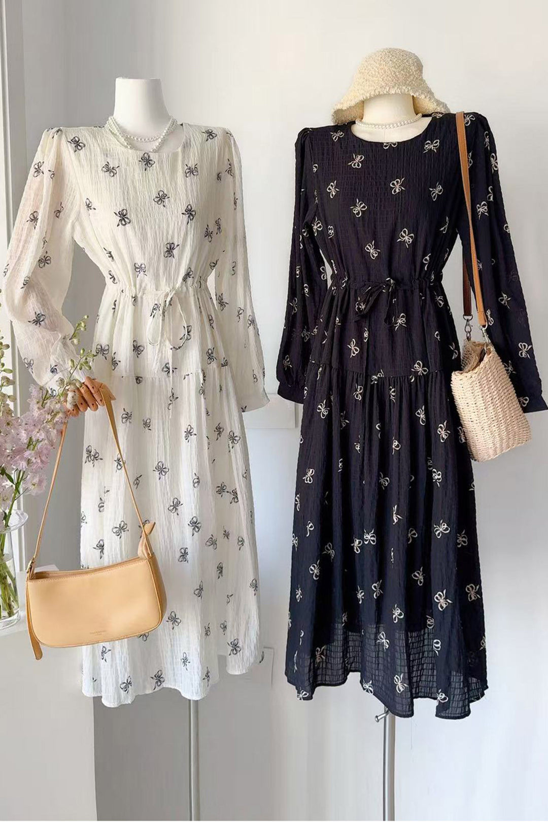 White Bow Pattern Long Sleeve Maxi Dress