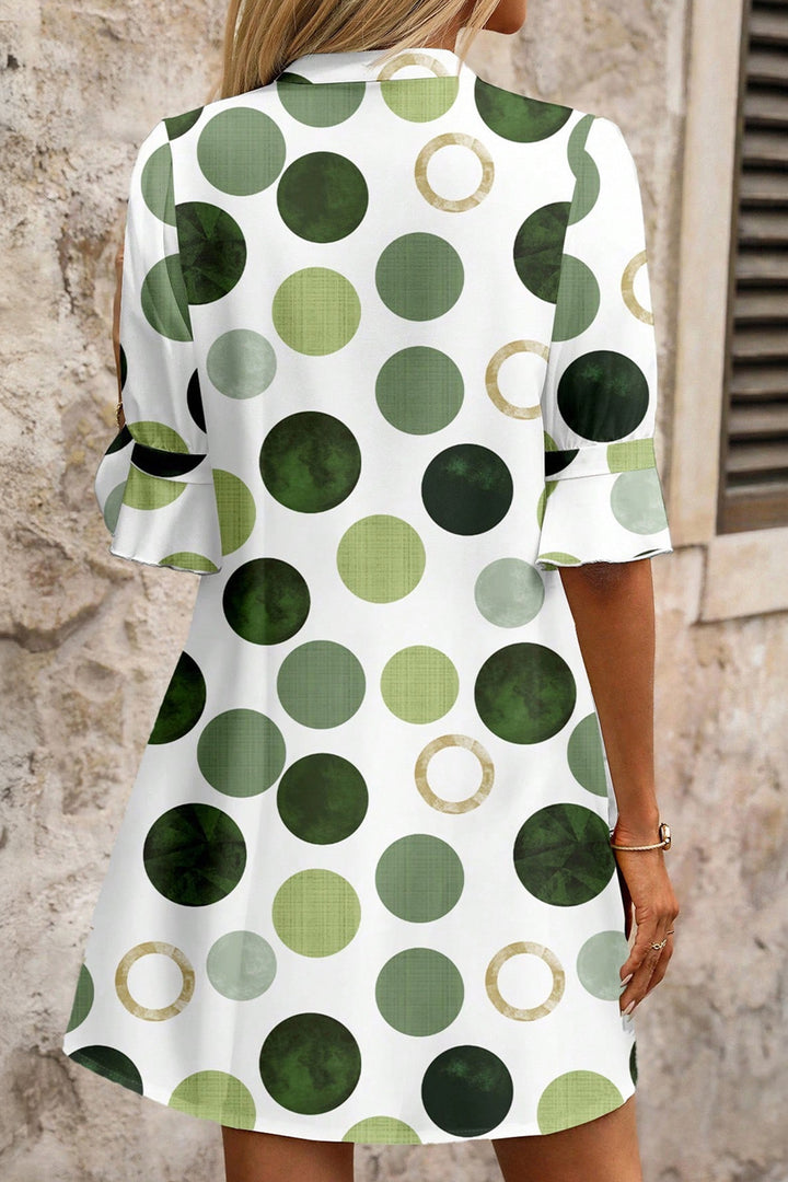 Green Polka Dot Print Flounced Half Sleeve Casual Vacation Style Mini Dress