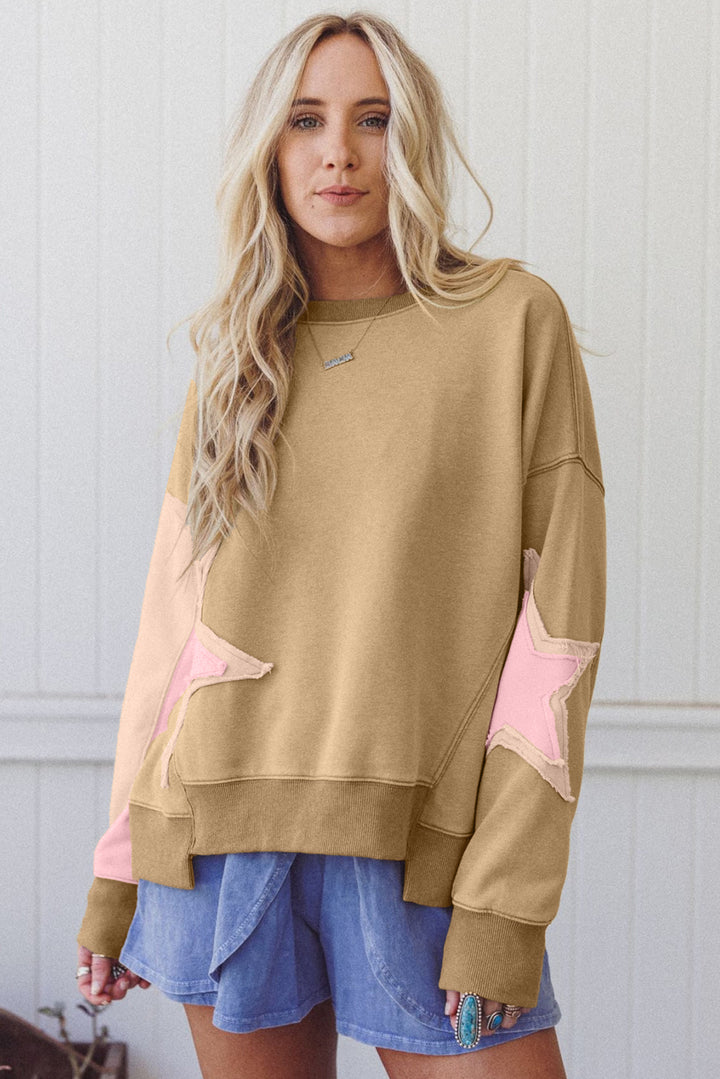 Contrast Star Patchwork Exposed Seam Uneven Hem Drop Shoulder Sweatshirt