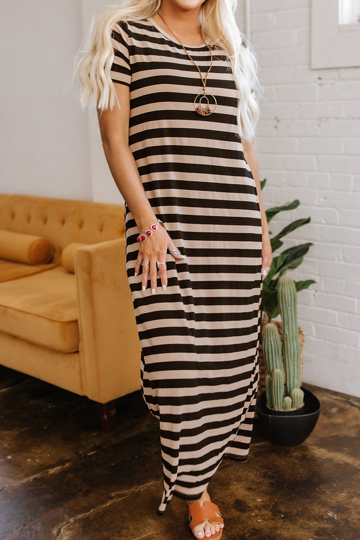 casual round neck t shirt maxi dress with pockets
