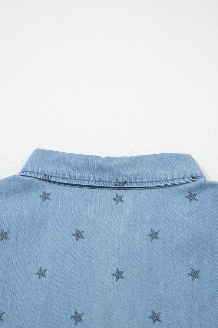 Star Allover Print Double Chest Pocket Short Sleeve Denim Shirt
