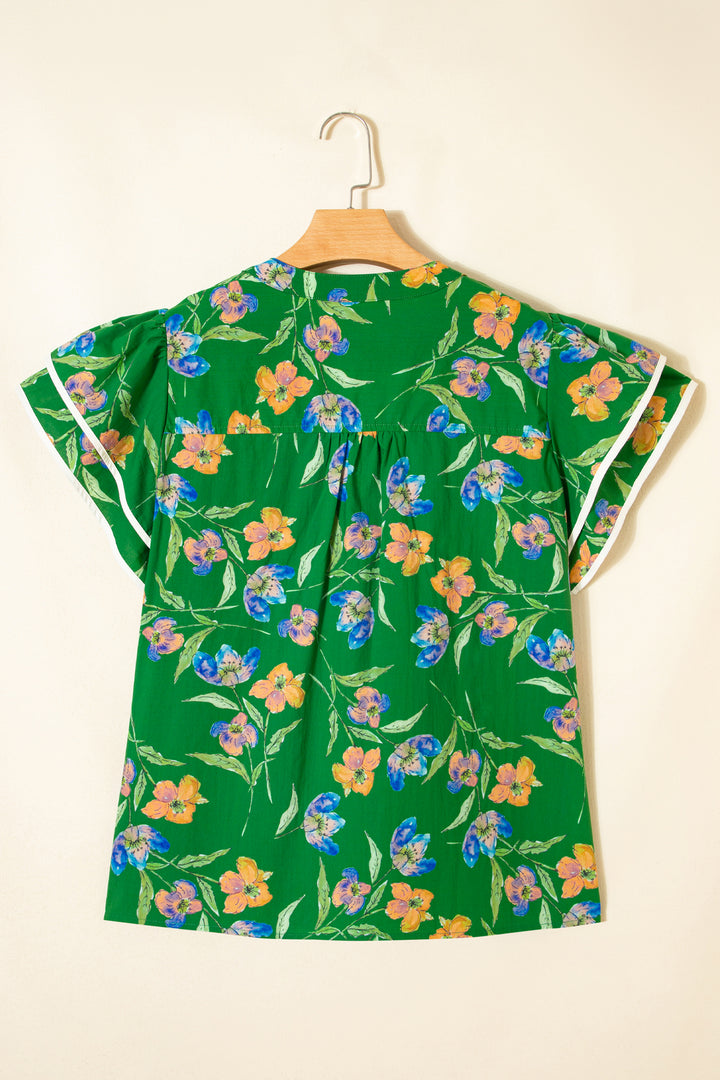 Green Plus Size Ruffled Short Sleeve Cotton Floral Top