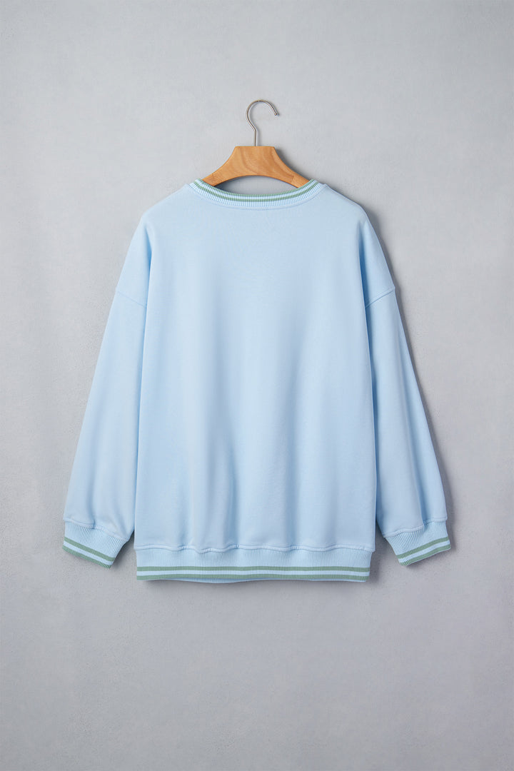 Beau Blue Embroidered Cowboy Letter Print Long Sleeve Round Neck Sweatshirt
