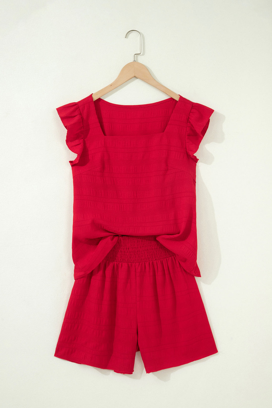 Fiery Red Textured Square Neck Top and Shirred High Waist Shorts Set