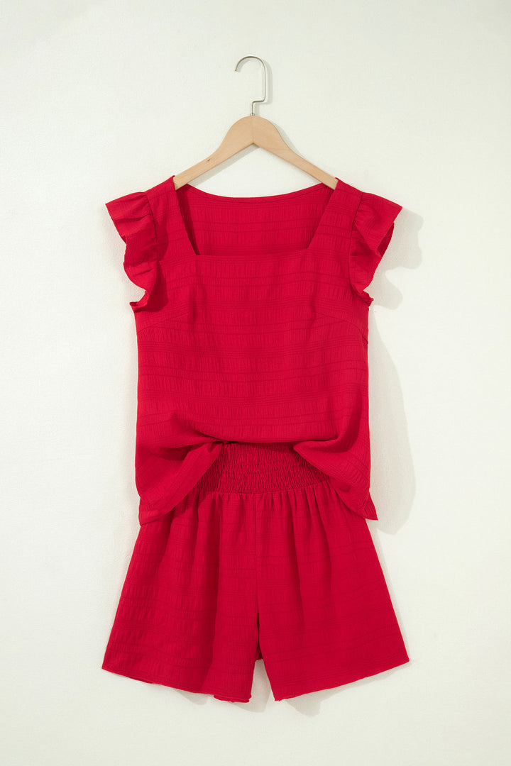 Fiery Red Textured Square Neck Top and Shirred High Waist Shorts Set