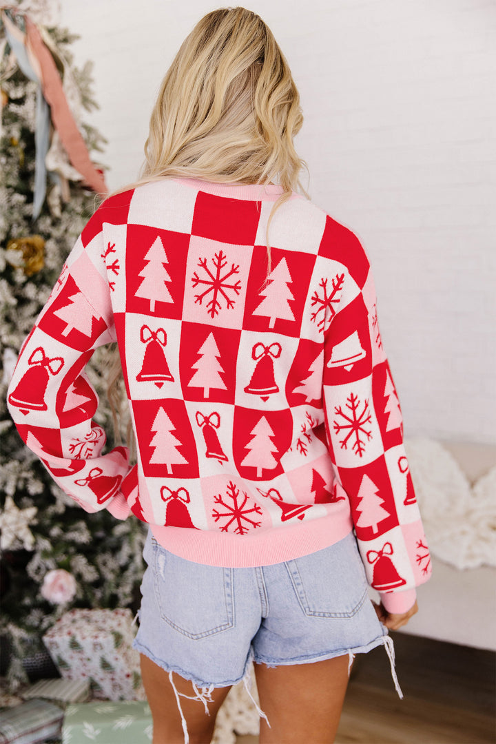 Pink Christmas Plaid Pullover Round Neck Long Sleeve Casual Fit Tunic Knitwear Sweater