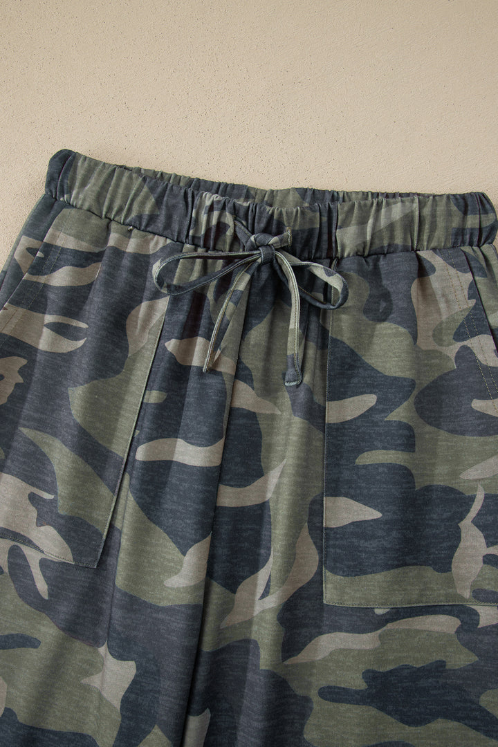 Green Camouflage Print Slim Tank Drawstring Pant Set