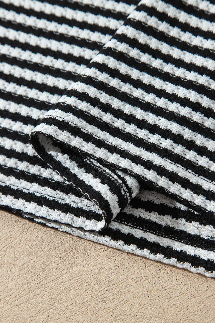 Black Stripe Textured Knit Long Sleeve Top Elastic Waist Shorts Casual Outfit
