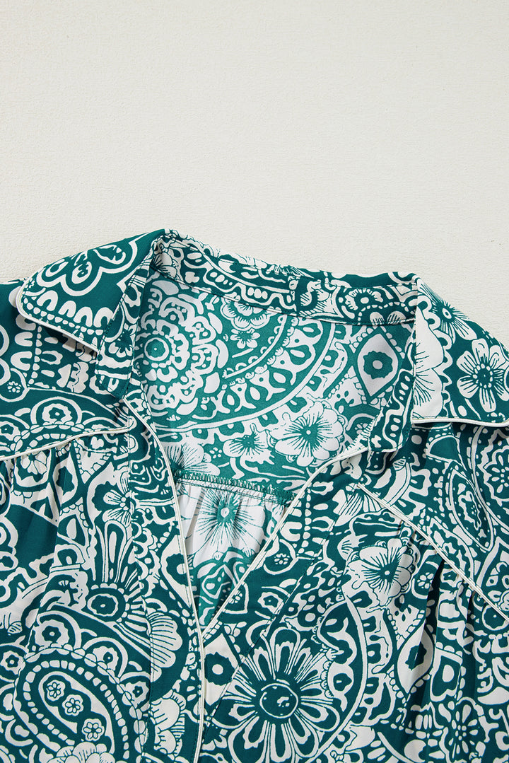 Green Floral Flounce Sleeve Split Neck Plus Size Dress