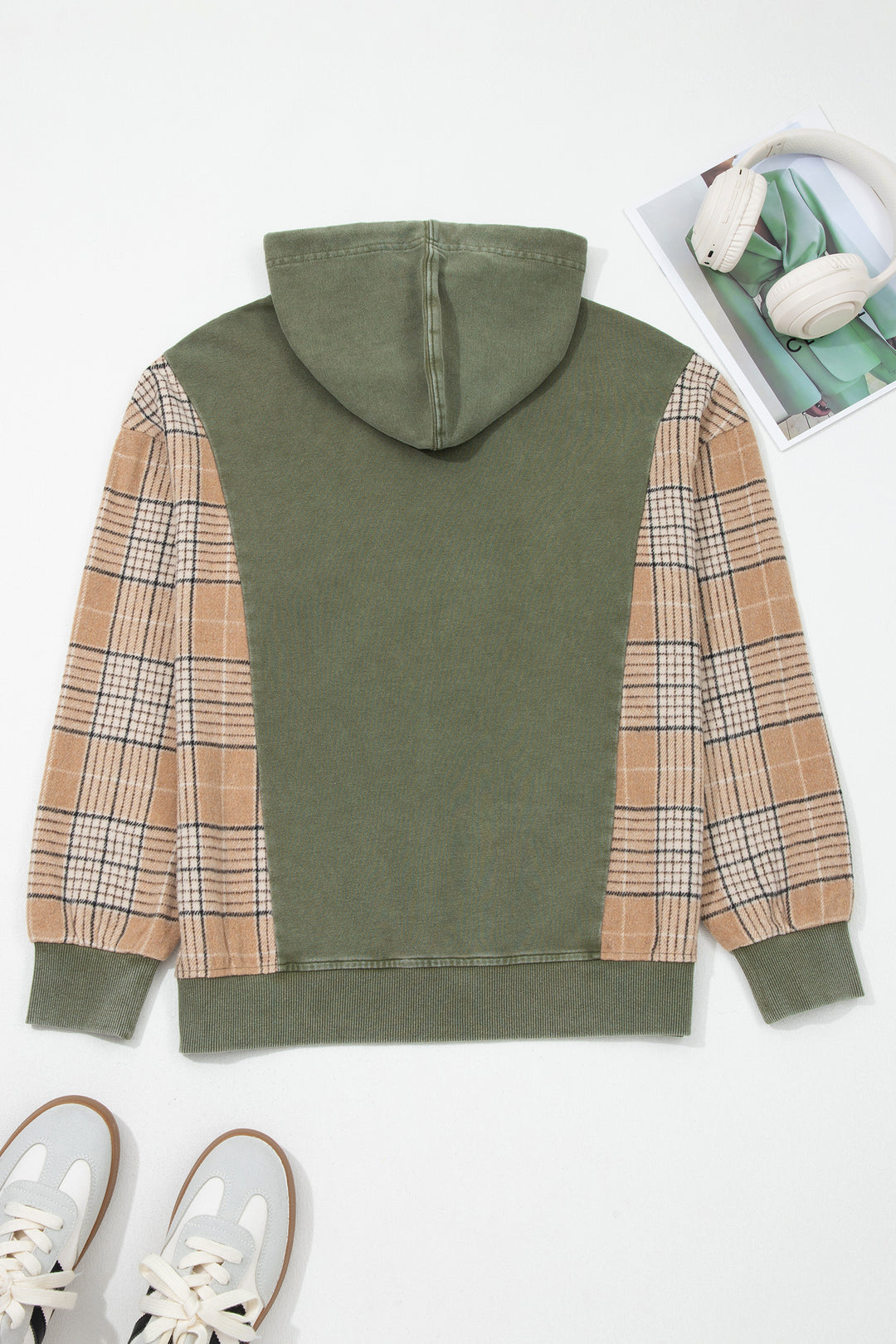 Moss Green Plaid Sleeve Drawstring Pocket Hooded Sweatshirt