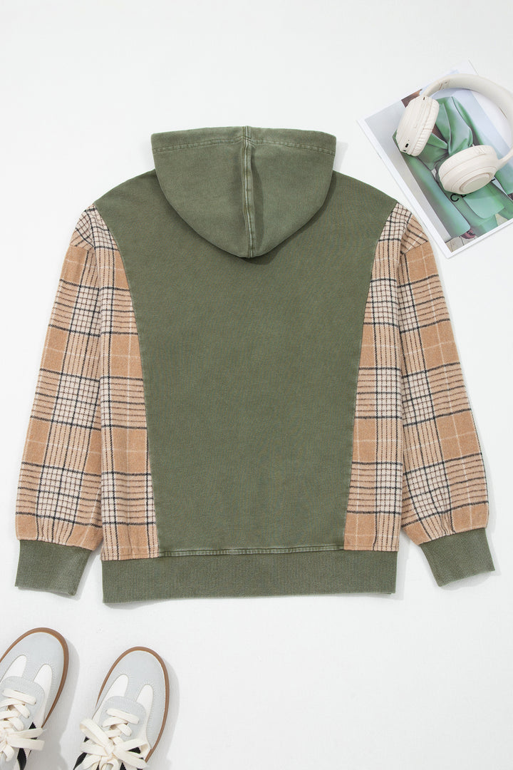 Moss Green Plaid Sleeve Drawstring Pocket Hooded Sweatshirt
