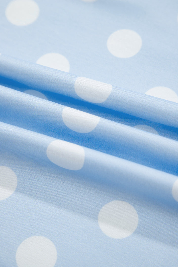 Sky Blue Polka Dot Contrast Trim Long Sleeve Top Drawstring Shift Pants Set