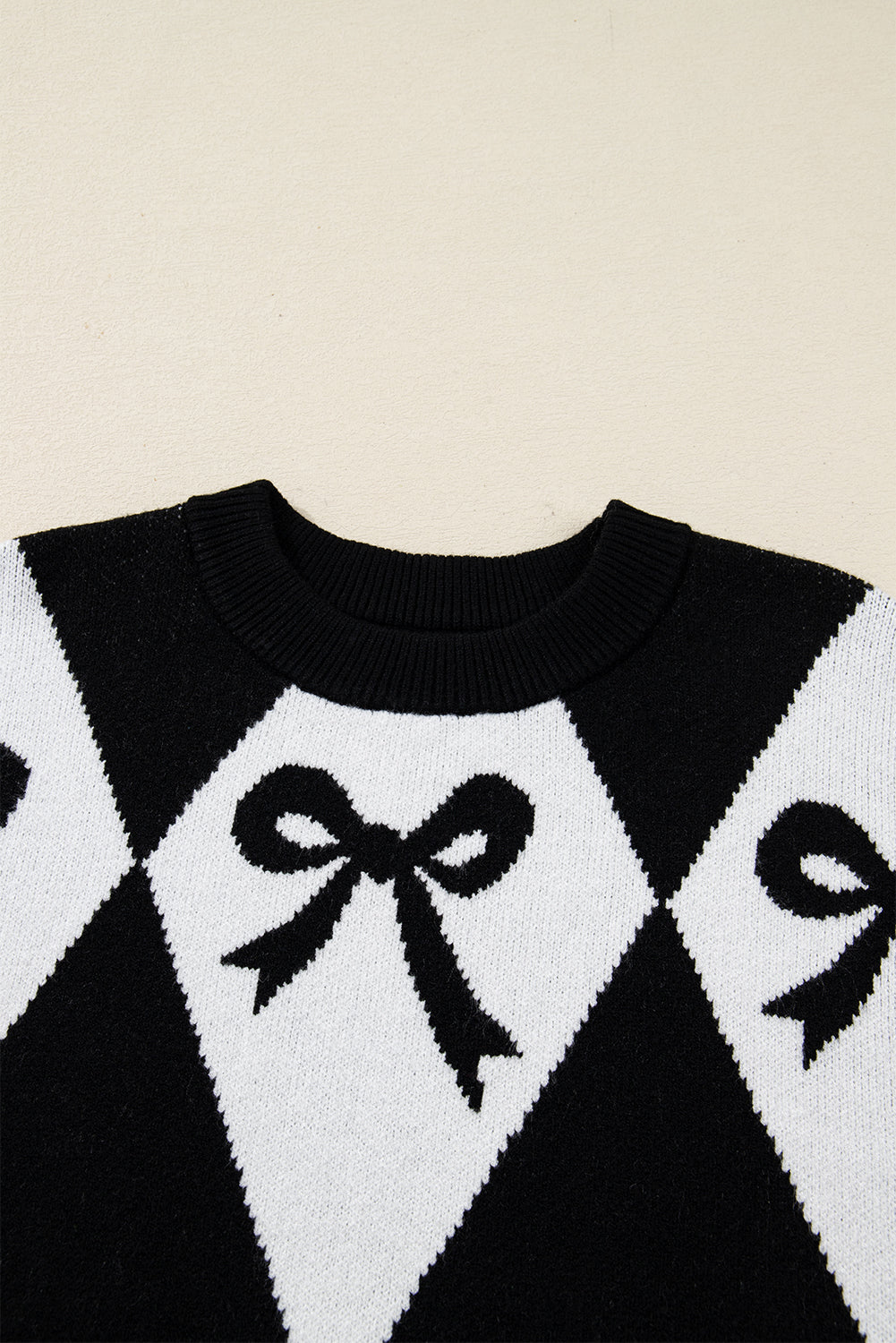 Bow Print 2-tone Rhombus Knit Loose Sweater