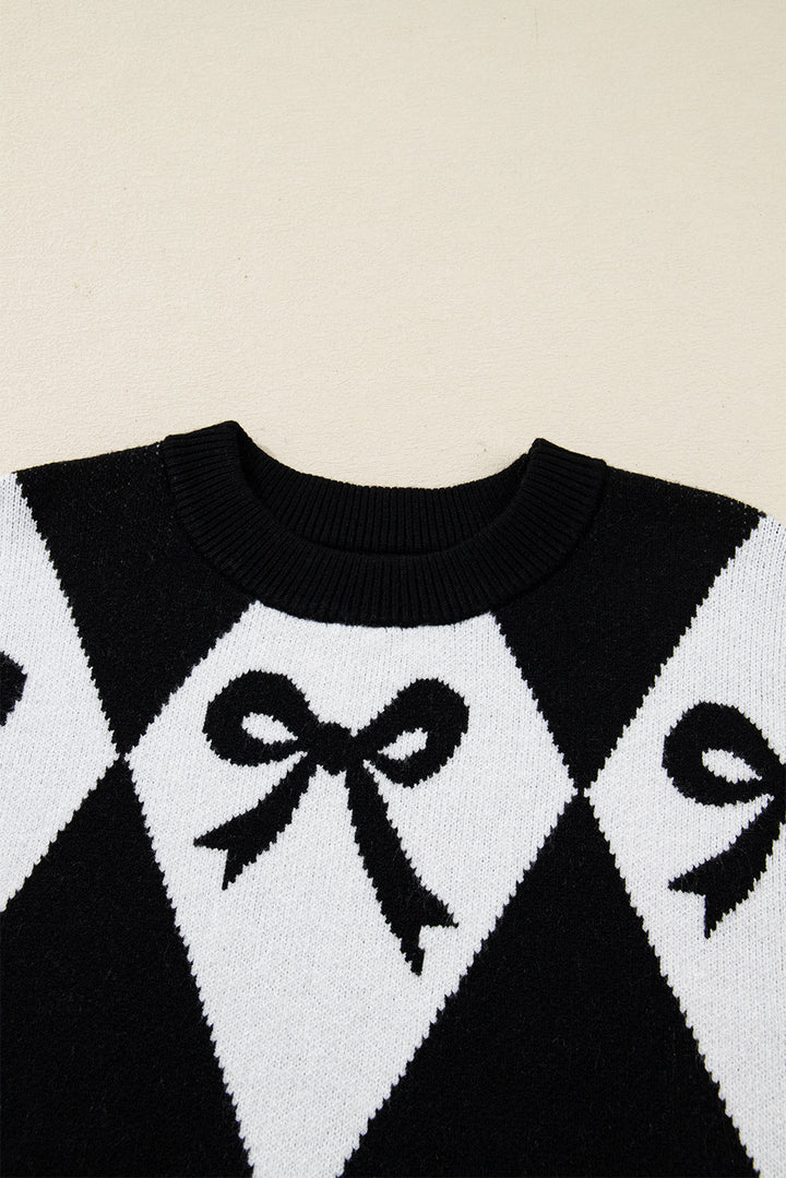 Bow Print 2-tone Rhombus Knit Loose Sweater